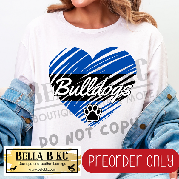 **PREORDER ONLY**Bulldogs (Blue) Scribble Split Heart - Tee or Sweatshirt - 1 Week Turn Around from Date of Order