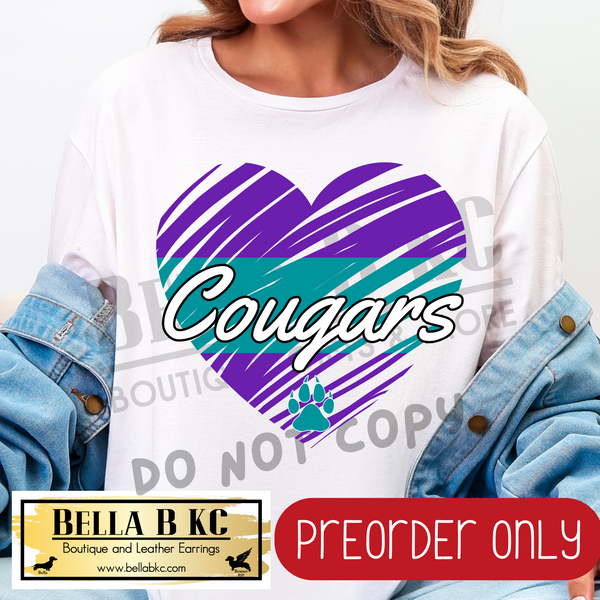 **PREORDER ONLY** Cougars (Teal) Scribble Split Heart - Tee or Sweatshirt - 1 Week Turn Around from Date of Order