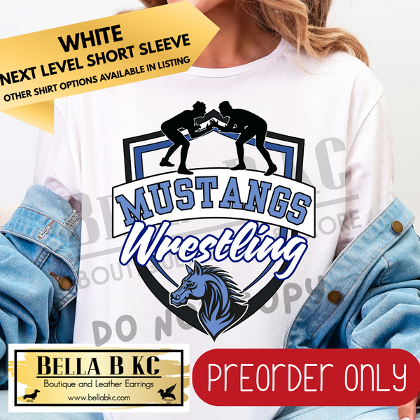 **PREORDER ONLY** Mustangs BLUE Wrestling Shield Tee or Sweatshirt - 1 Week Turn Around from Date of Order