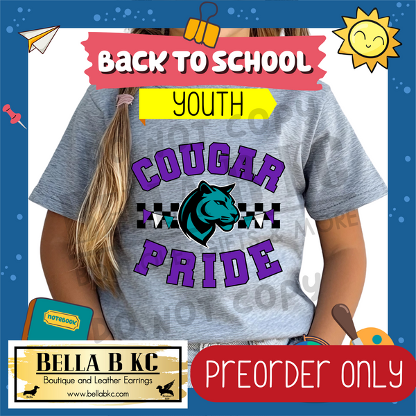 **PREORDER ONLY** TODDLER/YOUTH Cougars Purple/Teal  Pride Checkered Mascot Tee or Sweatshirt - 1 Week Turn Around from Date of Order