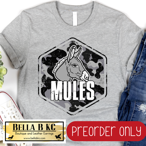 **PREORDER ONLY** Mules Camo Mascot Tee or Sweatshirt - 1 Week Turn Around from Date of Order