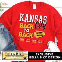 Kansas City Football Back to Back West Champs Tee or Sweatshirt