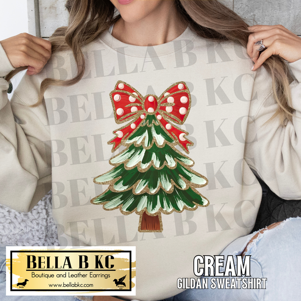 Christmas - Tree with RED Polka Dot Bow *FAUX GLITTER* Tee or Sweatshirt