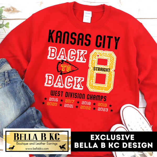 Kansas City Football Back to Back 8 Straight West Champs Tee or Sweatshirt