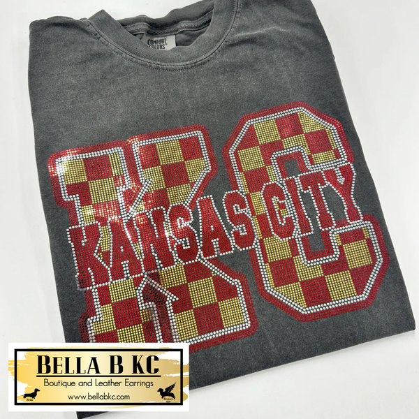 KC Football Red Gold Checkered - Metallic Holographic Spangle Tee or Sweatshirt