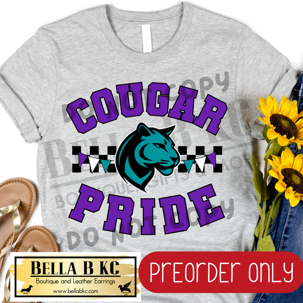 **PREORDER ONLY** Cougars Purple/Teal Pride Checkered Mascot Tee or Sweatshirt - 1 Week Turn Around from Date of Order