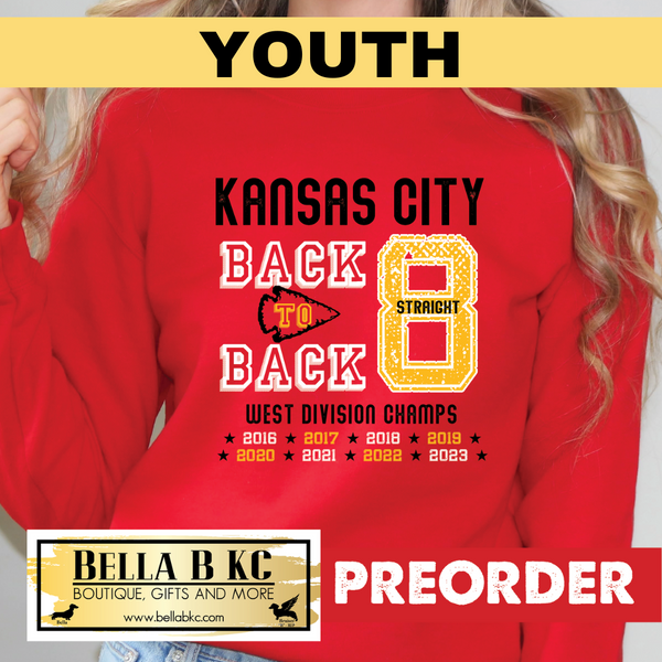 YOUTH Kansas City Football Back to Back 8 Straight West Champs Tee or Sweatshirt