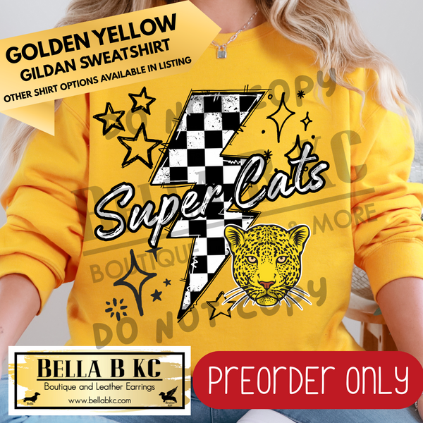 **PREORDER ONLY** Super Cats Checkered Bolt - Tee or Sweatshirt - 1 Week Turn Around from Date of Order