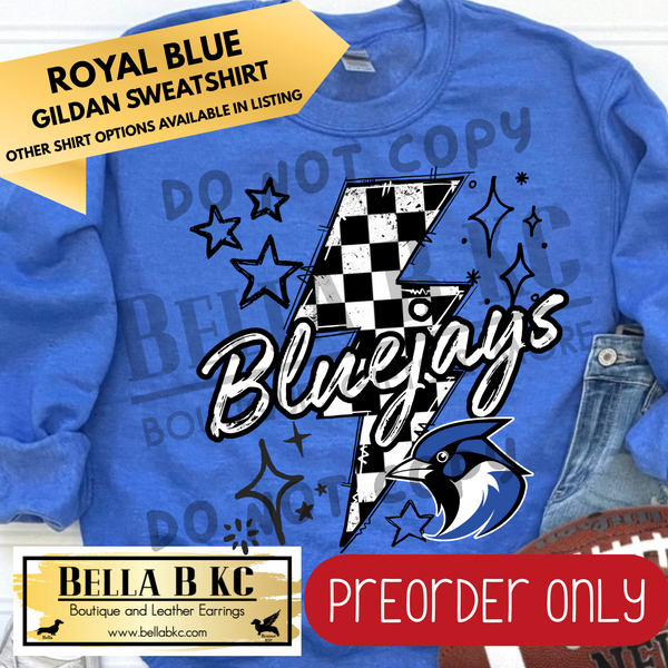 **PREORDER ONLY** Bluejays Checkered Bolt - Tee or Sweatshirt - 1 Week Turn Around from Date of Order
