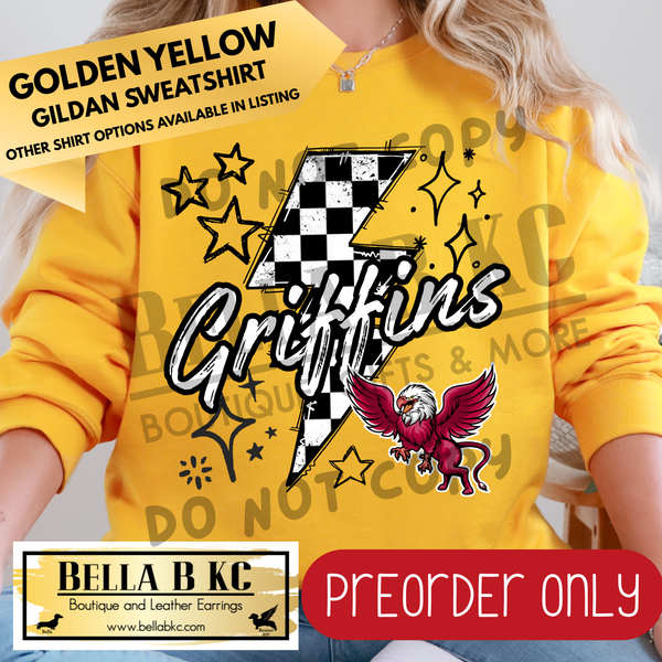 **PREORDER ONLY** Griffins Checkered Bolt - Tee or Sweatshirt - 1 Week Turn Around from Date of Order