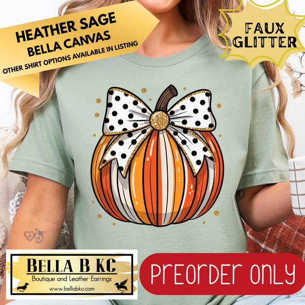 **PREORDER ONLY** Fall - Striped Pumpkin with Bow #217 - Tee or Sweatshirt - 1 Week Turn Around from Date of Order
