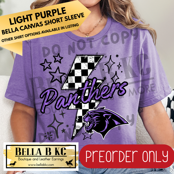 **PREORDER ONLY** Panthers PURPLE Checkered Bolt - Tee or Sweatshirt - 1 Week Turn Around from Date of Order