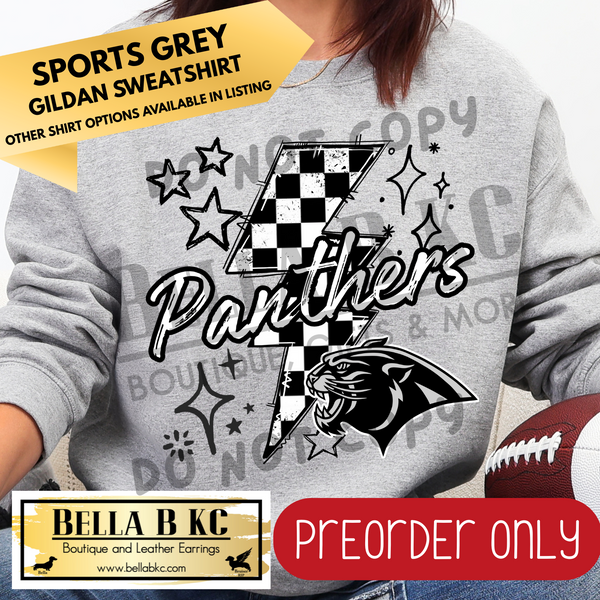 **PREORDER ONLY** Panthers GREY Checkered Bolt - Tee or Sweatshirt - 1 Week Turn Around from Date of Order