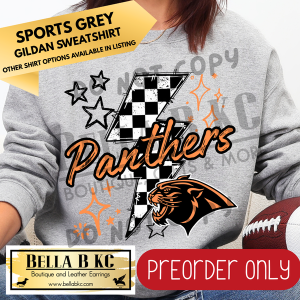 **PREORDER ONLY** Panthers ORANGE Checkered Bolt - Tee or Sweatshirt - 1 Week Turn Around from Date of Order