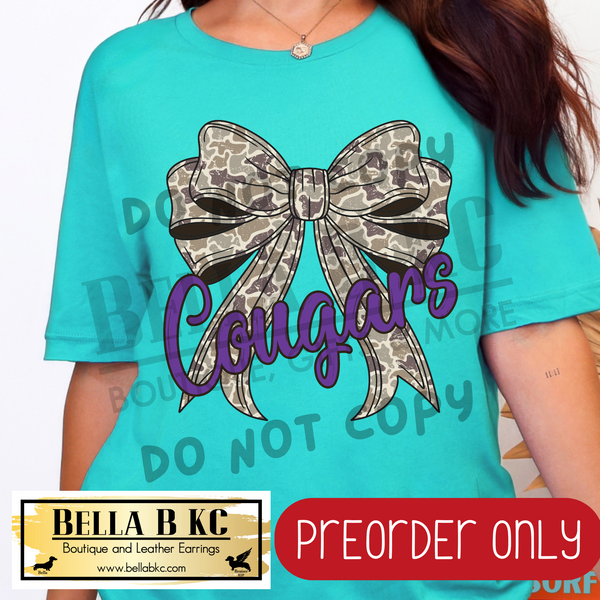 **PREORDER ONLY** Cougars Purple/Teal Camo Coquette Bow - Tee or Sweatshirt - 1 Week Turn Around from Date of Order