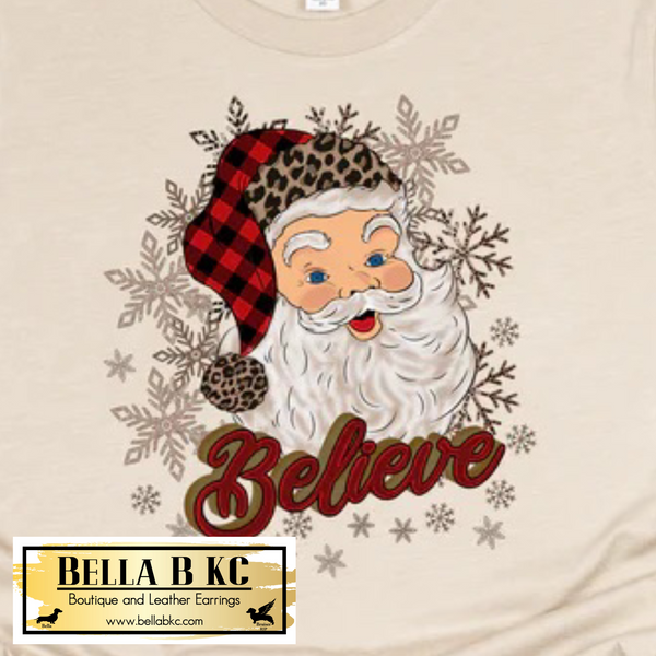 Christmas - Believe Santa Red Buffalo Plaid and Leopard Tee or Sweatshirt