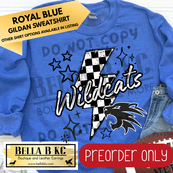 **PREORDER ONLY** Wildcats Black Checkered Bolt - Tee or Sweatshirt - 1 Week Turn Around from Date of Order