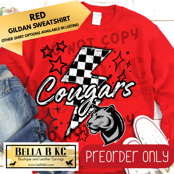 **PREORDER ONLY** Cougars Checkered Bolt - Tee or Sweatshirt - 1 Week Turn Around from Date of Order