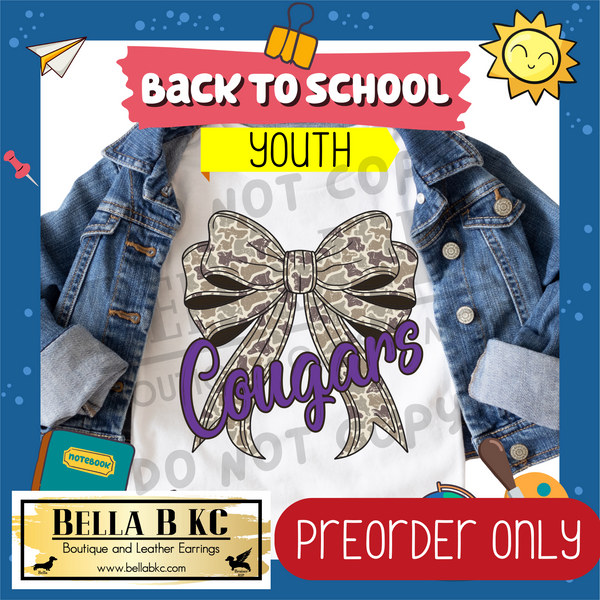 **PREORDER ONLY** TODDLER/YOUTH Cougars Purple/Teal Camo Coquette Bow Tee or Sweatshirt - 1 Week Turn Around from Date of Order