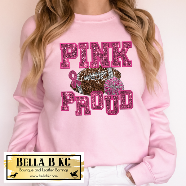 Pink and Proud Faux Bling Sequin Faux Embroidery Football Tee or Sweatshirt