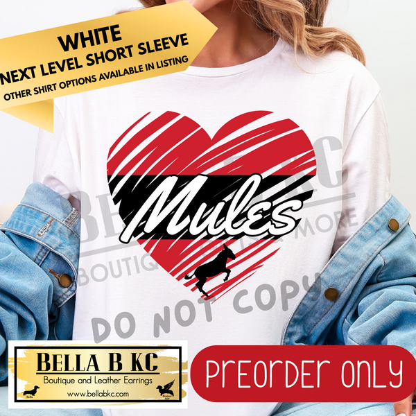 **PREORDER ONLY** Mules Red Scribble Split Heart - Tee or Sweatshirt - 1 Week Turn Around from Date of Order