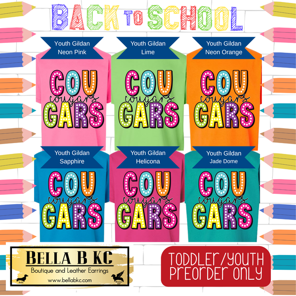 **PREORDER ONLY** YOUTH Cougars Neon Mascot Tee or Sweatshirt - 1 Week Turn Around from Date of Order