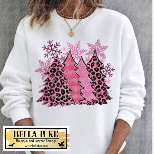 Christmas - Pink Leopard Plaid Trees Tee or Sweatshirt