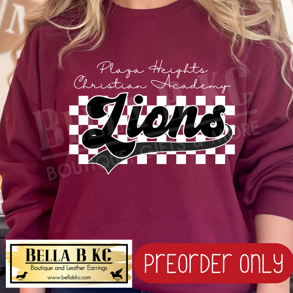 **PREORDER ONLY** Plaza Heights Academy Lions Checkered B/W Mascot - Tee or Sweatshirt - 1 Week Turn Around from Date of Order