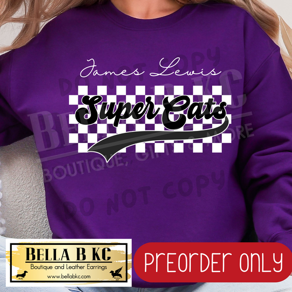 **PREORDER ONLY** JLE Super Cats Checkered B/W Mascot - Tee or Sweatshirt - 1 Week Turn Around from Date of Order