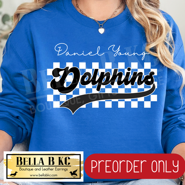 **PREORDER ONLY** DYE Dolphins Checkered B/W Mascot - Tee or Sweatshirt - 1 Week Turn Around from Date of Order