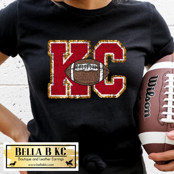 KC Football Red KC FAUX Chenille *PRINTED TO LOOK LIKE CHENILLE* Tee or Sweatshirt