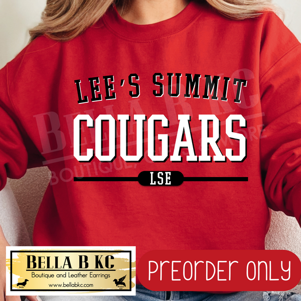**PREORDER ONLY** LSE Lee's Summit Cougars Simple Athletic Font - Tee or Sweatshirt - 1 Week Turn Around from Date of Order