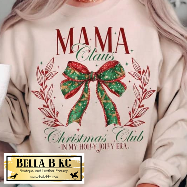 Christmas - Mama Claus Christmas Club Coquette Bow *GLITTER INFUSED PRINT* Tee or Sweatshirt