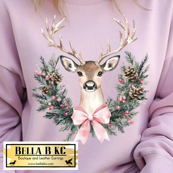 Christmas - Deer Wreath Pink Bow V2 Tee or Sweatshirt