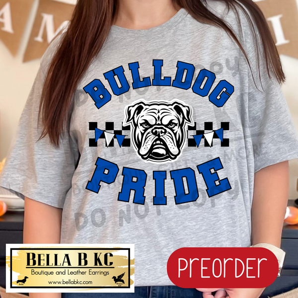 **PREORDER ONLY** Bulldog Pride BLUE Checkered Mascot Tee or Sweatshirt - 1 Week Turn Around from Date of Order