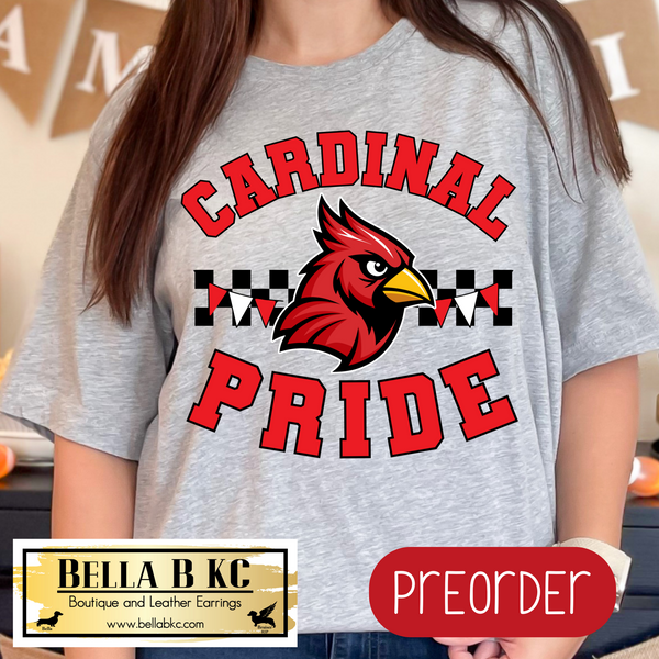 **PREORDER ONLY** Cardinal Pride Checkered Mascot Tee or Sweatshirt - 1 Week Turn Around from Date of Order