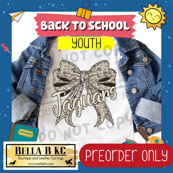 **PREORDER ONLY** TODDLER/YOUTH Jaguars Camo Bow Mascot Tee or Sweatshirt - 1 Week Turn Around from Date of Order