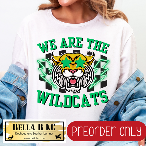 **PREORDER ONLY** We are the Wildcats GREEN Checkered Mascot Tee or Sweatshirt - 1 Week Turn Around from Date of Order