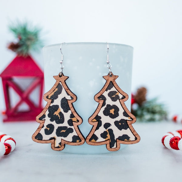 Acrylic & Wood - Leopard Christmas Tree Inset Dangles