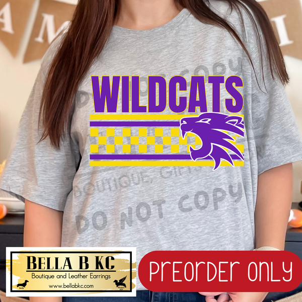 **PREORDER ONLY** Wildcats YELLOW Checkered Lines Mascot Tee or Sweatshirt - 1 Week Turn Around from Date of Order