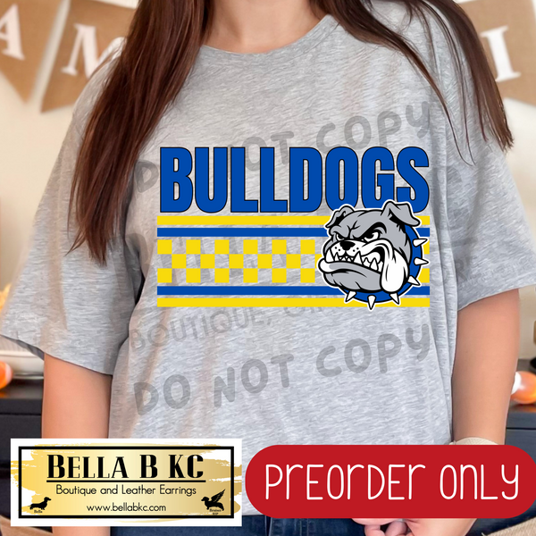 **PREORDER ONLY** Bulldogs BLUE Checkered Lines Mascot Tee or Sweatshirt - 1 Week Turn Around from Date of Order