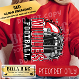 **PREORDER ONLY** Mules (RED) Football Split Helmet - Tee or Sweatshirt - 1 Week Turn Around from Date of Order