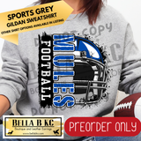 **PREORDER ONLY** Mules (BLUE) Football Split Helmet - Tee or Sweatshirt - 1 Week Turn Around from Date of Order