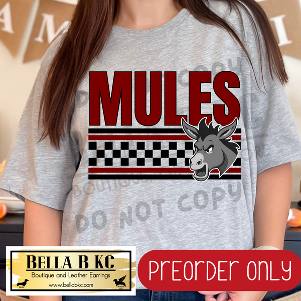 **PREORDER ONLY** Mules BURGUNDY Checkered Lines Mascot Tee or Sweatshirt - 1 Week Turn Around from Date of Order