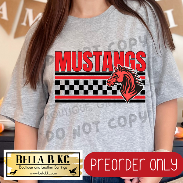 **PREORDER ONLY** Mustangs RED Checkered Lines Mascot Tee or Sweatshirt - 1 Week Turn Around from Date of Order
