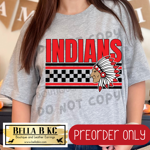 **PREORDER ONLY** Indians Checkered Lines Mascot Tee or Sweatshirt - 1 Week Turn Around from Date of Order