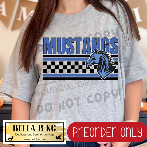 **PREORDER ONLY** Mustangs BLUE Checkered Lines Mascot Tee or Sweatshirt - 1 Week Turn Around from Date of Order