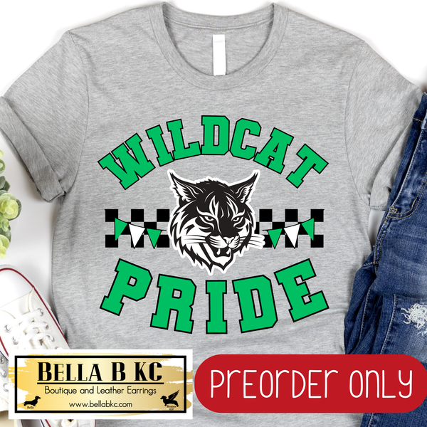 **PREORDER ONLY** Wildcat Pride GREEN Checkered Mascot Tee or Sweatshirt - 1 Week Turn Around from Date of Order