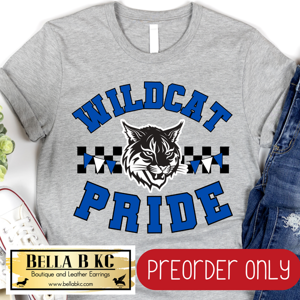 **PREORDER ONLY** Wildcat Pride BLUE Checkered Mascot Tee or Sweatshirt - 1 Week Turn Around from Date of Order
