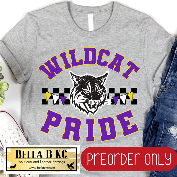 **PREORDER ONLY** Wildcat Pride Purple Checkered Mascot Tee or Sweatshirt - 1 Week Turn Around from Date of Order